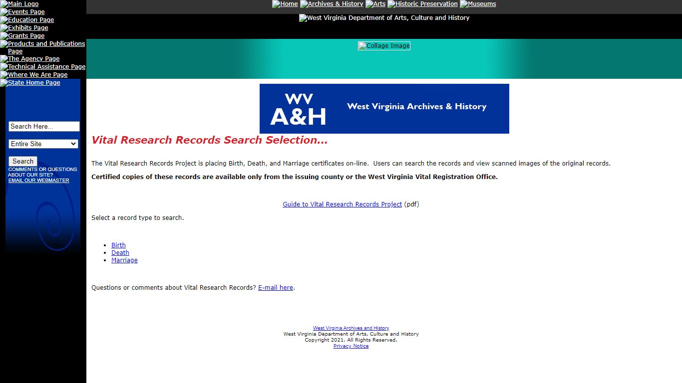 West Virginia Vital Research Records - Select Search Type